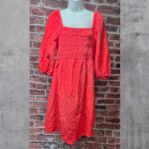 Isabel Maternity Coral Mini Dress Medium Smocked Puff Sleeve Linen Blend - Picture 1 of 7